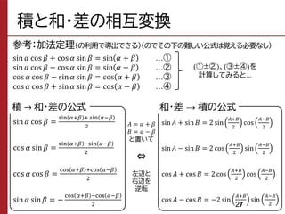 sin 𝛼 cos 𝛽 =
sin 𝛼+𝛽 + sin 𝛼−𝛽
2
cos 𝛼 sin 𝛽 =
sin 𝛼+𝛽 −sin 𝛼−𝛽
2
cos 𝛼 cos 𝛽 =
cos 𝛼+𝛽 +cos 𝛼−𝛽
2
sin 𝛼 sin 𝛽 = −
cos 𝛼+𝛽 −cos 𝛼−𝛽
2
sin 𝐴 + sin 𝐵 = 2 sin
𝐴+𝐵
2
cos
𝐴−𝐵
2
sin 𝐴 − sin 𝐵 = 2 cos
𝐴+𝐵
2
sin
𝐴−𝐵
2
cos 𝐴 + cos 𝐵 = 2 cos
𝐴+𝐵
2
cos
𝐴−𝐵
2
cos 𝐴 − cos 𝐵 = −2 sin
𝐴+𝐵
2
sin
𝐴−𝐵
2
積と和・差の相互変換
参考：加法定理（の利用で導出できる）（のでその下の難しい公式は覚える必要なし）
sin 𝛼 cos 𝛽 + cos 𝛼 sin 𝛽 = sin 𝛼 + 𝛽 …①
sin 𝛼 cos 𝛽 − cos 𝛼 sin 𝛽 = sin 𝛼 − 𝛽 …②
cos 𝛼 cos 𝛽 − sin 𝛼 sin 𝛽 = cos 𝛼 + 𝛽 …③
cos 𝛼 cos 𝛽 + sin 𝛼 sin 𝛽 = cos 𝛼 − 𝛽 …④
積 → 和･差の公式 和･差 → 積の公式
(①±②)、(③±④)を
計算してみると…
𝐴 = 𝛼 + 𝛽
𝐵 = 𝛼 − 𝛽
と置いて
⇔
左辺と
右辺を
逆転
27
 