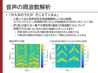 音声の周波数解析
• 「かえるのうたが きこえてくるよ」
– と歌ってみた音声信号を周波数解析してみた結果↓
（スペクトログラム：この時間帯の音にはこんな周波数成分が含まれてます、という図）
– 声（音）の高さは一番下の黄色帯（基音）の周波数にもとづいて
知覚される（黄に近い色ほど成分の振幅が大きいことを表す）
• 声質（音色）はそれ以外の黄色帯（倍音）の含まれ方に反映される
• 下図は声の個性の可視化とも言えるので、「声紋」と呼ばれることもある
34
著者（男声）の声紋 VOICEROID+東北きりたんEX（女声）の声紋
 