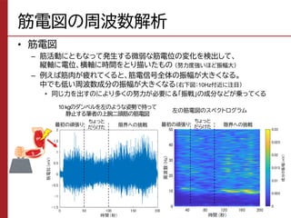 • 筋電図
– 筋活動にともなって発生する微弱な筋電位の変化を検出して、
縦軸に電位、横軸に時間をとり描いたもの （努力度強いほど振幅大）
– 例えば筋肉が疲れてくると、筋電信号全体の振幅が大きくなる。
中でも低い周波数成分の振幅が大きくなる（右下図：10Hz付近に注目）
• 同じ力を出すのにより多くの努力が必要に＆「振戦」の成分などが乗ってくる
筋電図の周波数解析
35
10kgのダンベルを左のような姿勢で持って
静止する筆者の上腕二頭筋の筋電図
左の筋電図のスペクトログラム
ちょっと
だらけた 限界への挑戦
最初の頑張り
ちょっと
だらけた 限界への挑戦
最初の頑張り
 