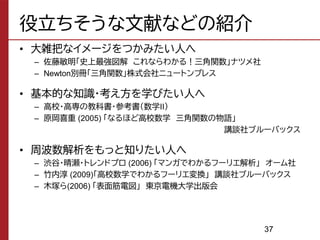 役立ちそうな文献などの紹介
• 大雑把なイメージをつかみたい人へ
– 佐藤敏明「史上最強図解 これならわかる！三角関数」ナツメ社
– Newton別冊「三角関数」株式会社ニュートンプレス
• 基本的な知識・考え方を学びたい人へ
– 高校・高専の教科書・参考書（数学II）
– 原岡喜重 (2005) 「なるほど高校数学 三角関数の物語」
講談社ブルーバックス
• 周波数解析をもっと知りたい人へ
– 渋谷・晴瀬・トレンドプロ (2006) 「マンガでわかるフーリエ解析」 オーム社
– 竹内淳 (2009)「高校数学でわかるフーリエ変換」 講談社ブルーバックス
– 木塚ら(2006) 「表面筋電図」 東京電機大学出版会
37
 
