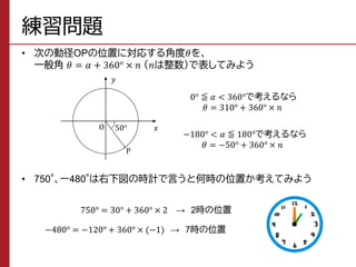 練習問題
• 次の動径OPの位置に対応する角度𝜃を、
一般角 𝜃 = 𝛼 + 360° × 𝑛 （𝑛は整数）で表してみよう
• 750°、ー480°は右下図の時計で言うと何時の位置か考えてみよう
𝑦
𝑥
O
P
50°
0° ≦ 𝛼 < 360°で考えるなら
𝜃 = 310° + 360° × 𝑛
−180° < 𝛼 ≦ 180°で考えるなら
𝜃 = −50° + 360° × 𝑛
750° = 30° + 360° × 2 → 2時の位置
−480° = −120° + 360° × (−1) → 7時の位置
 