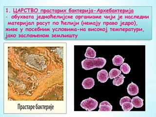 1. ЦАРСТВО прастарих бактерија-Архебактерија
- обухвата једноћелијске организме чији је наследни
материјал расут по ћелији (немају право једро),
живе у посебним условима-на високој температури,
jако заслањеном земљишту
 