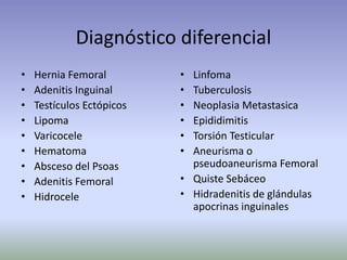 Diagnóstico diferencial
• Hernia Femoral
• Adenitis Inguinal
• Testículos Ectópicos
• Lipoma
• Varicocele
• Hematoma
• Absceso del Psoas
• Adenitis Femoral
• Hidrocele
• Linfoma
• Tuberculosis
• Neoplasia Metastasica
• Epididimitis
• Torsión Testicular
• Aneurisma o
pseudoaneurisma Femoral
• Quiste Sebáceo
• Hidradenitis de glándulas
apocrinas inguinales
 