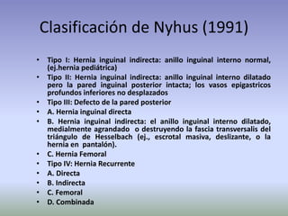 Clasificación de Nyhus (1991)
• Tipo I: Hernia inguinal indirecta: anillo inguinal interno normal,
(ej.hernia pediátrica)
• Tipo II: Hernia inguinal indirecta: anillo inguinal interno dilatado
pero la pared inguinal posterior intacta; los vasos epigastricos
profundos inferiores no desplazados
• Tipo III: Defecto de la pared posterior
• A. Hernia inguinal directa
• B. Hernia inguinal indirecta: el anillo inguinal interno dilatado,
medialmente agrandado o destruyendo la fascia transversalis del
triángulo de Hesselbach (ej., escrotal masiva, deslizante, o la
hernia en pantalón).
• C. Hernia Femoral
• Tipo IV: Hernia Recurrente
• A. Directa
• B. Indirecta
• C. Femoral
• D. Combinada
 