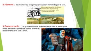 4.Números : Desobediencia y peregrinaje en Israel en el Desierto por 40 años.
5.Deuteronomio : Los grandes discursos de Moisés preparando al pueblo para
entrar en la tierra prometida, con las promesas y
las advertencias de Dios a Israel.
 