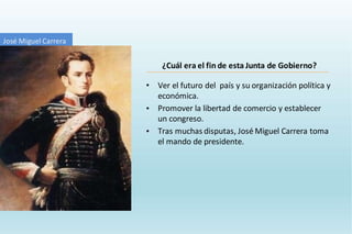 • Ver el futuro del país y su organización política y
económica.
• Promover la libertad de comercio y establecer
un congreso.
• Tras muchas disputas, José Miguel Carrera toma
el mando de presidente.
¿Cuál era el fin de esta Junta de Gobierno?
José Miguel Carrera
 