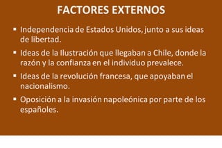 FACTORES EXTERNOS
 Independencia de Estados Unidos,junto a sus ideas
de libertad.
 Ideas de la Ilustración que llegaban a Chile, donde la
razón y la confianzaen el individuo prevalece.
 Ideas de la revolución francesa, que apoyabanel
nacionalismo.
 Oposición a la invasión napoleónicapor parte de los
españoles.
 