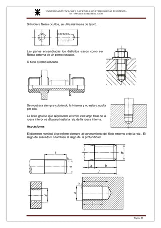 UNIVERSIDAD TECNOLOGICA NACIONAL-FACULTAD REGIONAL RESISTENCIA
SISTEMAS DE REPRESENTACION
SISTEMAS DE REPRESENTACION
Página 33
Si hubiere filetes ocultos, se utilizará líneas de tipo E.
Las partes ensambladas los distitntos casos como ser
Rosca externa de un perno roscado.
O tubo externo roscado
Se mostrara siempre cubriendo la interna y no estara oculta
por ella.
La linea gruesa que representa el limite del largo total de la
rosca interor se dibujara hasta la raiz de la rosca interna.
Acotaciones
El diametro nominal d se refiere siempre al coronamiento del filete externo o de la raiz . El
largo del roscado b o tambien al largo de la profundidad
 