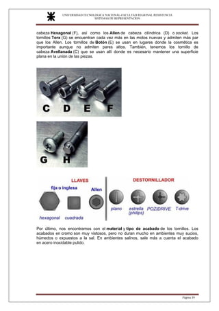 UNIVERSIDAD TECNOLOGICA NACIONAL-FACULTAD REGIONAL RESISTENCIA
SISTEMAS DE REPRESENTACION
SISTEMAS DE REPRESENTACION
Página 39
cabeza Hexagonal (F), así como los Allen de cabeza cilíndrica (D) o socket. Los
tornillos Torx (G) se encuentran cada vez más en las motos nuevas y admiten más par
que los Allen. Los tornillos de Botón (E) se usan en lugares donde la cosmética es
importante aunque no admiten pares altos. También, tenemos los tornillo de
cabeza Avellanada (C) que se usan allí donde es necesario mantener una superficie
plana en la unión de las piezas.
Por último, nos encontramos con el material y tipo de acabado de los tornillos. Los
acabados en cromo son muy vistosos, pero no duran mucho en ambientes muy sucios,
húmedos o expuestos a la sal. En ambientes salinos, sale más a cuenta el acabado
en acero inoxidable pulido.
 
