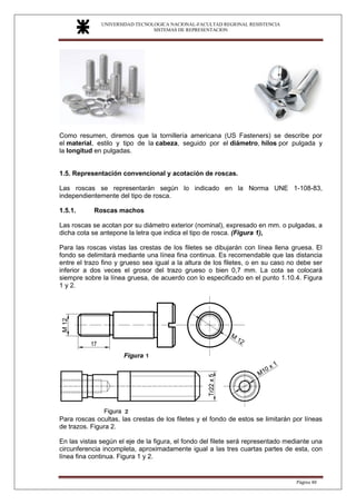 UNIVERSIDAD TECNOLOGICA NACIONAL-FACULTAD REGIONAL RESISTENCIA
SISTEMAS DE REPRESENTACION
SISTEMAS DE REPRESENTACION
Página 40
Como resumen, diremos que la tornillería americana (US Fasteners) se describe por
el material, estilo y tipo de la cabeza, seguido por el diámetro, hilos por pulgada y
la longitud en pulgadas.
1.5. Representación convencional y acotación de roscas.
Las roscas se representarán según lo indicado en la Norma UNE 1-108-83,
independientemente del tipo de rosca.
1.5.1. Roscas machos
Las roscas se acotan por su diámetro exterior (nominal), expresado en mm. o pulgadas, a
dicha cota se antepone la letra que indica el tipo de rosca. (Figura 1),
Para las roscas vistas las crestas de los filetes se dibujarán con línea llena gruesa. El
fondo se delimitará mediante una línea fina continua. Es recomendable que las distancia
entre el trazo fino y grueso sea igual a la altura de los filetes, o en su caso no debe ser
inferior a dos veces el grosor del trazo grueso o bien 0,7 mm. La cota se colocará
siempre sobre la línea gruesa, de acuerdo con lo especificado en el punto 1.10.4. Figura
1 y 2.
Para roscas ocultas, las crestas de los filetes y el fondo de estos se limitarán por líneas
de trazos. Figura 2.
En las vistas según el eje de la figura, el fondo del filete será representado mediante una
circunferencia incompleta, aproximadamente igual a las tres cuartas partes de esta, con
línea fina continua. Figura 1 y 2.
 
