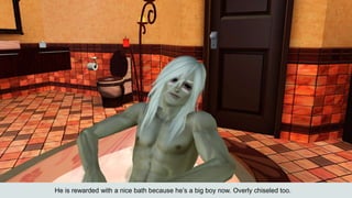 He is rewarded with a nice bath because he’s a big boy now. Overly chiseled too.
 