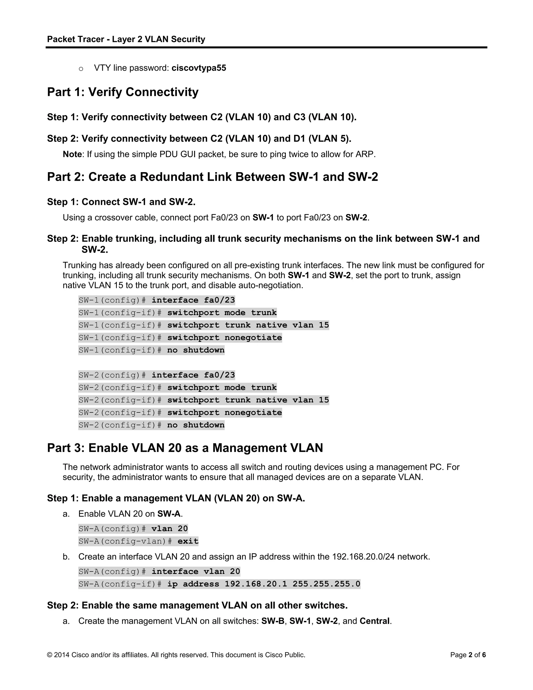6.5.1.3 packet tracer layer 2 vlan security instructor | PDF