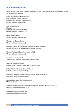 xiv NIH Guidelines for Conducting Research in MOH, 2021
ACKNOWLEDGEMENT
We would like to thank the following individuals for their input, technical advice, and support during
the writing of this guideline.
Datuk Dr Hishamshah Mohd Ibrahim
Deputy Director General of Health
Research and Technical Support (R&TS)
Ministry of Health Malaysia (MOH)
Dr S Asmaliza Ismail
Manager
National Institutes of Health (NIH)
Ministry of Health Malaysia (MOH)
Office of Legal Advisor
Ministry of Health Malaysia (MOH)
Management Service Division
Ministry of Health Malaysia (MOH)
Malaysia Science and Technology Information Centre (MASTIC)
Ministry of Science Technology and Innovation (MOSTI)
Medical Research & Ethics Committee (MREC)
Ministry of Health Malaysia (MOH)
Scientific Review Committee
Jawatankuasa Penilaian Penyelidikan NIH (JPP-NIH)
Scientific Review Committee
Jawatankuasa Penilaian Penyelidikan CRC (JPP-CRC)
National Clinical Research Centre Network
Institute for Clinical Research (ICR)
Biomedical Research, Strategic and Innovation Management Unit
Institute for Medical Research (IMR)
Animal Care and Use Committee (ACUC)
Ministry of Health
National Committee for Research and Development of Herbal Medicine (NHRDM)
Medical Development Division, MOH
Collaboration and Innovation Unit
National Institutes of Health (NIH)
 