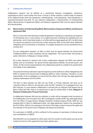 22 NIH Guidelines for Conducting Research in MOH, 2021
9.	 Collaborative Research
Collaborative research can be defined as a partnership between investigators, institutions,
organisations and/or communities who have a mutual or similar interest in certain areas of research
at five different levels within the disciplinary, interdisciplinary, multi-disciplinary, trans-disciplinary or
national/international level [26]. For any research collaboration, a Memorandum of Understanding
(MoU), Memorandum of Agreement (MoA), and Research Agreement (RA) must be signed between
all involved parties.
9.1.	 Memorandum of Understanding (MoU), Memorandum of Agreement (MoA), and Research
Agreement (RA)
	 MoU is a document that describes a bilateral agreement indicating or expressing convergence
of will between two or more parties. It is a legal instrument indicating the establishment of a
partnership, which most likely results in a further definitive legal agreement [27]. An MoU does
not require any parties to commit funds or other resources. MoA, on the other hand, details the
obligations and commitments of all parties. It is legally binding and can be transferred into a
contract [27].
	 For any collaborative research, an MoU or MoA must be signed between the Government
of Malaysia (MOH or other ministries) and the collaborator. This can be either with private or
public institutions in Malaysia or foreign entities.
	
	 RA is also required for research that involve collaboration between the MOH and external
parties such as universities, non-governmental organizations (NGOs), the private sector, and
others. An RA must be signed between the collaborating parties to underline the specification
and details of the collaboration.
	 The personnel that are allowed to sign the legal documents shall be an officer delegated by the
MOH on behalf of the Government of Malaysia (MOH or other ministries). Therefore, it is the
responsibility of the investigators to ensure that the officer who will sign the legal agreement
possess authorisation from the MOH.
	 The MoU or MoA between the NIH and any Public or Private institution will serve as an
umbrella of MoU or MoA for all institutes under the NIH. Therefore, for investigators from any
NIH institutes, if a new research collaboration is formed with an institution that already has an
MoU or MoA with NIH, there is no requirement to sign for another MoU or MoA. (Diagram 3:
Research Collaborative Process Flowchart)
	 A collaboration between NIH and any institution or entity will be managed under the advice of
the Collaboration and Innovation Unit, NIH. Investigators outside of NIH may seek legal advice
from the Office of Legal Advisor (Pejabat Penasihat Undang-Undang (PUU)), MOH for any
possible MoU or MoA of collaborative effort. Any legal agreement needs to be submitted to
the PUU Office, MOH to be reviewed on the terms of the legal content to ensure the rights and
the interests of the Government of Malaysia will always be protected.
	 For submission to NMRR, an RA is sufficient for the purpose of submission of ethical review
and consideration by MREC.
	 MoU/MoA/RA can be prepared by either party with the consent of both parties as long as the
content and terms of the agreement have been agreed upon.
 