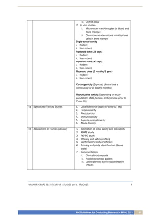 NIH Guidelines for Conducting Research in MOH, 2021 61
NRDHM HERBAL TEST ITEM FOR STUDIES Ver3.1 Mar2015 4
iv. Comet assay
2. In vivo studies
i. Micronuclei in erythrocytes (in blood and
bone marrow)
ii. Chromosome aberrations in metaphase
cells in bone marrow
S
Si
in
ng
gl
le
e-
-a
ac
cu
ut
te
e t
to
ox
xi
ic
ci
it
ty
y
i. Rodent
ii. Non-rodent
R
Re
ep
pe
ea
at
te
ed
d d
do
os
se
e (
(2
28
8 d
da
ay
ys
s)
)
i. Rodent
ii. Non-rodent
R
Re
ep
pe
ea
at
te
ed
d d
do
os
se
e (
(9
90
0 d
da
ay
ys
s)
)
i. Rodent
ii. Non-rodent
R
Re
ep
pe
ea
at
te
ed
d d
do
os
se
e (
(6
6 m
mo
on
nt
th
hs
s/
/1
1 y
ye
ea
ar
r)
)
i. Rodent
ii. Non-rodent
C
Ca
ar
rc
ci
in
no
og
ge
en
ni
ic
ci
it
ty
y (Expected clinical use is
continuous for at least 6 months)
R
Re
ep
pr
ro
od
du
uc
ct
ti
iv
ve
e t
to
ox
xi
ic
ci
it
ty
y (Depending on study
population: Male, female, embryo-fetal (prior to
Phase III))
19 Specialized Toxicity Studies 1. Local tolerance (eg skin/eyes/GIT etc)
2. Hepatotoxicity
3. Phototoxicity
4. Immunotoxicity
5. Juvenile animal toxicity
6. Abuse toxicity
20 Assessment In Human (Clinical) 1. Estimation of initial safety and tolerability
2. ADME study
3. PK/PD study
4. Efficacy and safety profiling
5. Confirmatory study of efficacy
6. Primary endpoints identification (Please
state)
7. Documentation:
i. Clinical study reports
ii. Published clinical papers
iii. Latest periodic safety update report
(PSUR)
 