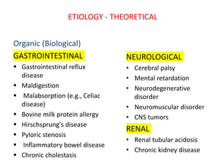ETIOLOGY - THEORETICAL
Organic (Biological)
GASTROINTESTINAL
 Gastrointestinal reflux
disease
 Maldigestion
 Malabsorption (e.g., Celiac
disease)
 Bovine milk protein allergy
 Hirschsprung's disease
 Pyloric stenosis
 Inflammatory bowel disease
 Chronic cholestasis
NEUROLOGICAL
• Cerebral palsy
• Mental retardation
• Neurodegenerative
disorder
• Neuromuscular disorder
• CNS tumors
RENAL
• Renal tubular acidosis
• Chronic kidney disease
 