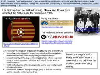 6.3.A2 Florey and Chain’s experiments to test penicillin on bacterial infections in mice. AND Nature of science: Risks
associated with scientific research - Florey and Chain’s tests on the safety of penicillin would not be compliant with current
protocol on testing. (4.8)
The discovery of penicillin.
http://wellcomelibrary.org/player/b16778868#?asi
=0&ai=0
For their work on penicillin Fleming, Florey and Chain were
awarded the Nobel prize for medicine in 1945
http://www.sciencemuseum.org.u
k/hommedia.ashx?id=10271&size=
Small
Florey and Chain
http://www.chemheritage.org/
The real story behind penicillin
http://www.pbs.org/newshour/rundown/the-
real-story-behind-the-worlds-first-antibiotic/
An outline of the modern process of drug testing and clinical trials
• Years of extensive laboratory research on animals and human cells to
determine usefulness, likely dosage and possible side-effects
• Assess the safety of the drug and the impact of side-effects on a small
group of healthy volunteers – starting with a small dosage which is
slowly increased
• Test the effectiveness of the drug against a control on a small group of
affected volunteers
• Randomised and blind testing on a large group of affected volunteers
against a placebo and competing drugs
Discuss the ways in which
Florey and Chain’s work is
accord with and breaches the
modern practices of drug
testing.
 