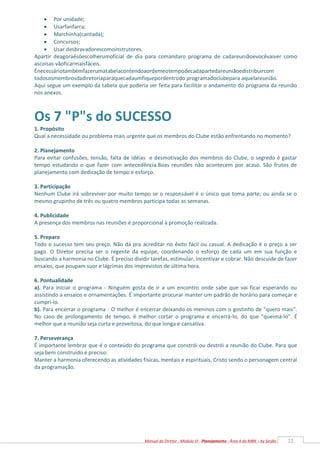 11
Manual do Diretor - Módulo VI - Planejamento - Área 4 da MBN – by Serjão
 Por unidade;
 Usarfanfarra;
 Marchinha(cantada);
 Concursos;
 Usar desbravadorescomoinstrutores.
Apartir deagoraésóescolherumoficial de dia para comandaro programa de cadareuniãoevocêvaiver como
ascoisas vãoficarmaisfáceis.
Énecessáriotambémfazerumatabelacontendoaordemeotempodecadapartedareuniãoedistribuircom
todososmembrosdadiretoriaparaquecadaumfiquepordentrodo programadoclubepara aquelareunião.
Aqui segue um exemplo da tabela que poderia ser feita para facilitar o andamento do programa da reunião
nos anexos.
Os 7 "P"s do SUCESSO
1. Propósito
Qual a necessidade ou problema mais urgente que os membros do Clube estão enfrentando no momento?
2. Planejamento
Para evitar confusões, tensão, falta de idéias e desmotivação dos membros do Clube, o segredo é gastar
tempo estudando o que fazer com antecedência.Boas reuniões não acontecem por acaso. São frutos de
planejamento com dedicação de tempo e esforço.
3. Participação
Nenhum Clube irá sobreviver por muito tempo se o responsável é o único que toma parte, ou ainda se o
mesmo grupinho de três ou quatro membros participa todas as semanas.
4. Publicidade
A presença dos membros nas reuniões é proporcional à promoção realizada.
5. Preparo
Todo o sucesso tem seu preço. Não dá pra acreditar no êxito fácil ou casual. A dedicação é o preço a ser
pago. O Diretor precisa ser o regente da equipe, coordenando o esforço de cada um em sua função e
buscando a harmonia no Clube. É preciso dividir tarefas, estimular, incentivar e cobrar. Não descuide de fazer
ensaios, que poupam suor e lágrimas dos imprevistos de última hora.
6. Pontualidade
a). Para iniciar o programa - Ninguém gosta de ir a um encontro onde sabe que vai ficar esperando ou
assistindo a ensaios e ornamentações. É importante procurar manter um padrão de horário para começar e
cumpri-lo.
b). Para encerrar o programa - O melhor é encerrar deixando os meninos com o gostinho de "quero mais".
No caso de prolongamento de tempo, é melhor cortar o programa e encerrá-lo, do que "queimá-lo". É
melhor que a reunião seja curta e proveitosa, do que longa e cansativa.
7. Perseverança
É importante lembrar que é o conteúdo do programa que constrói ou destrói a reunião do Clube. Para que
seja bem construído é preciso:
Manter a harmonia oferecendo as atividades físicas, mentais e espirituais, Cristo sendo o personagem central
da programação.
 