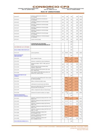 MZA “L” LOTE 13 II ETAPA – URBANIZACION LOPEZ ALBUJAR – SULLANA - PIURA
yesangconstructores@hotmail.com
Movistar: 920135666
CONSORCIO CP3
YESANG CONSTRUCTORES EIRL
RUC N° 20529719931
JDPA E.I.R.L
RUC N° 20601737176
RUC N° 20602703585
CONSTRUCTORA FORTALEZA SAC
RUC N° 20484120928
04.03.06.23
uministro e instalacion de valvula de aire
D=152.00MM
und 5.00 5.00 0.00 0.00%
04.03.06.24
suministro e instalacion de valvula de aire
D=198.00MM
und 2.00 2.00 0.00 0.00%
04.03.06.25
suministro e instalacion de valvula de purga
D=29.40MM
und 1.00 1.00 0.00 0.00%
04.03.06.26
suministro e instalacion de valvula de purga
D=38.00MM
und 1.00 1.00 0.00 0.00%
04.03.06.27
suministro e instalacion de valvula de purga
D=66.00MM
und 1.00 1.00 0.00 0.00%
04.03.06.28
suministro e instalacion de valvula de purga
D=80.10MM
und 2.00 2.00 0.00 0.00%
04.03.06.29
suministro e instalacion de valvula de purga
D=152.00MM
und 2.00 2.00 0.00 0.00%
04.03.06.30
suministro e instalacion de valvula de purga de
D=198.00MM
und 1.00 1.00 0.00 0.00%
04.03.06.31 Caja de valvula de purga und 5.00 5.00 0.00 0.00%
0.00
5. SISTEMA DE AGUA POTABLE
ABASTECIDO POR RESERVORIO DE CP3
0.00
05.01 REDES DE AGUA POTABLE 0.00
05.01.01 OBRAS PROVISIONALES 0.00
05.01.01.01 caseta de guardiania m2 200.00 200.00 0.00 0.00%
05.01.02 TRABAJOS
PRELIMINARES
0.00
05.01.02.01 trazo y replanteo de zanjas m
26834.
41
26
834.41
4,625.60
17.24
%
05.01.02.02 suministro e instalacion de cinta de señalizacion m
26834.
41
26
834.41
4,625.60
17.24
%
05.01.02.03
tranquera de madera 1.2M X 1.10M y desvio de
transito
und 3.00 3.00 0.00 0.00%
05.01.02.04
puente de madera para pase vehicular sobre
zanja(Prov. duarnte obra)
und 5.00 5.00 0.00 0.00%
05.01.02.05
puente de madera para pase peatonal sobre zanja
(Prov. duarnte obra)
und 5.00 5.00 0.00 0.00%
05.01.02.06
letrero metalico 0.60X0.60M S/poste p/desvio de
transito (Prov. durante la obra)
und 1.00 1.00 0.00 0.00%
05.01.03 MOVIMIENTO DE
TIERRAS
0.00
05.01.03.01
exacavacion de zanjas (MAQ) p/tub terreno normal
de 1.00m de profundida
m
26834.
41
26
834.41
4,625.60
17.24
%
05.01.03.02 Refine y nivelación de fondo de zanja m
26834.
41
26
834.41
4,625.60
17.24
%
05.01.03.03 conformacion de cama de apoyo para tuberias m
26834.
41
26
834.41
4,625.60
17.24
%
05.01.03.04
proteccion de tuberia hasta H=0.30m por encima de
la clave del tubo con arena gruesa
m
26834.
41
26
834.41
4,625.60
17.24
%
05.01.03.05 relleno y compactacion zanjas con material propio m
26834.
41
26
834.41
4,625.60
17.24
%
05.01.03.06 eliminacion de material excedente con volquete m3
13953.
89
13
953.89
0.00 0.00%
05.01.04 SUMINISTRO E
INSTALACION DE TUBERIAS
0.00
05.01.04.01
suministro e instalacion de tuberia SAP DN=152.00
MM(6") PVC
m
3240.7
3
3
240.73
19.60 0.60%
05.01.04.02
suministro einstalacion de tuberia SAP DN=103.2
MM(4") PVC
m 181.12 181.12 0.00 0.00%
05.01.04.03
suministro e instalacion de tuberia SAP DN=80.1
MM(3") PVC
m 721.37 721.37 0.00 0.00%
05.01.04.04
suministro e instalacion de tuberia SAP DN=54.20
MM(2") PVC
m
1330.4
2
1
330.42
816.00
61.33
%
05.01.04.05
suministro e instalacion de tuberia SAP DN=43.40
MM(1 1/2") PVC
m
6613.0
0
6
613.00
366.50 5.54%
05.01.04.06
suministro e instalacion de tuberia SAP
DN=29.40MM(1") PVC
m
3720.8
1
3
720.81
1,128.50
30.33
%
05.01.04.07
suministro e instalacion de tuberia SAP
DN=22.90MM(3/4") PVC
m
2922.4
1
2
922.41
2,295.00
78.53
%
05.01.04.08
suministro e instalacion de tuberia SAP
DN=17.40MM(1/2") PVC
m
8104.5
5
8
104.55
0.00 0.00%
05.01.05 PRUEBA HIDRAULICA 0.00
 