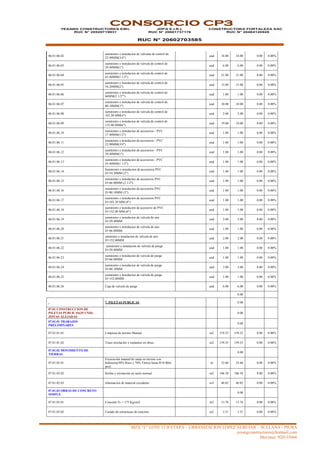 MZA “L” LOTE 13 II ETAPA – URBANIZACION LOPEZ ALBUJAR – SULLANA - PIURA
yesangconstructores@hotmail.com
Movistar: 920135666
CONSORCIO CP3
YESANG CONSTRUCTORES EIRL
RUC N° 20529719931
JDPA E.I.R.L
RUC N° 20601737176
RUC N° 20602703585
CONSTRUCTORA FORTALEZA SAC
RUC N° 20484120928
06.01.06.02
suministro e instalacion de valvulas de control de
22.90MM(3/4")
und 18.00 18.00 0.00 0.00%
06.01.06.03
suministro e instalacion de valvula de control de
29.40MM(1")
und 6.00 6.00 0.00 0.00%
06.01.06.04
suministro e instalacion de valvula de control de
43.40MM(1 1/2")
und 21.00 21.00 0.00 0.00%
06.01.06.05
suministro e instalacion de valvula de control de
54.20MM(2")
und 15.00 15.00 0.00 0.00%
06.01.06.06
suministro e instalacion de valvula de control de
66MM(2 1/2"")
und 1.00 1.00 0.00 0.00%
06.01.06.07
suministro e instalacion de valvula de control de
80.10MM(3")
und 10.00 10.00 0.00 0.00%
06.01.06.08
suministro e instalacion de valvula de control de
103.20 MM(4")
und 2.00 2.00 0.00 0.00%
06.01.06.09
suministro e instalacion de valvula de control de
152.00 MM(6")
und 19.00 19.00 0.00 0.00%
06.01.06.10
suministro e instalacion de accesorios - PVC
17.40MM(1/2")
und 1.00 1.00 0.00 0.00%
06.01.06.11
suministro e instalacion de accesorios - PVC
22.90MM(3/4")
und 1.00 1.00 0.00 0.00%
06.01.06.12
suministro e instalacion de accesorios - PVC
29.40MM(1")
und 1.00 1.00 0.00 0.00%
06.01.06.13
suministro e instalacion de accesorios - PVC
43.40MM(1 1/2")
und 1.00 1.00 0.00 0.00%
06.01.06.14
Suministro e instalacion de accesorios PVC
D=54.20MM (2")
und 1.00 1.00 0.00 0.00%
06.01.06.15
suministro e instalacion de accesorios PVC
D=66.00MM (2 1/2")
und 1.00 1.00 0.00 0.00%
06.01.06.16
suministro e instalacion de accesorios PVC
D=80.10MM (3")
und 1.00 1.00 0.00 0.00%
06.01.06.17
suministro e instalacion de accesorios PVC
D=103.20 MM (4")
und 1.00 1.00 0.00 0.00%
06.01.06.18
suministro e instalacion de accesorio de PVC
D=152.00 MM (6")
und 1.00 1.00 0.00 0.00%
06.01.06.19
suministro e instalacion de valvula de aire
D=29.40MM
und 2.00 2.00 0.00 0.00%
06.01.06.20
suministro e instalacion de valvula de aire
D=66.00MM
und 1.00 1.00 0.00 0.00%
06.01.06.21
uministro e instalacion de valvula de aire
D=152.00MM
und 2.00 2.00 0.00 0.00%
06.01.06.22
suministro e instalacion de valvula de purga
D=29.40MM
und 1.00 1.00 0.00 0.00%
06.01.06.23
suministro e instalacion de valvula de purga
D=66.00MM
und 1.00 1.00 0.00 0.00%
06.01.06.24
suministro e instalacion de valvula de purga
D=80.10MM
und 3.00 3.00 0.00 0.00%
06.01.06.25
suministro e instalacion de valvula de purga
D=152.00MM
und 1.00 1.00 0.00 0.00%
06.01.06.26 Caja de valvula de purga und 6.00 6.00 0.00 0.00%
0.00
7. PILETAS PUBLICAS 0.00
07.01 CONSTRUCCION DE
PILETAS PUBLICAS(35 UND)-
ZONAS ALEJADAS
0.00
07.01.01 TRABAJOS
PRELIMINARES
0.00
07.01.01.01 Limpieza de terreno Manual m2 159.25 159.25 0.00 0.00%
07.01.01.02 Trazo nivelación y replanteo en obras m2 159.25 159.25 0.00 0.00%
07.01.02 MOVIMIENTO DE
TIERRAS
0.00
07.01.02.01
Excavación manual de zanja en terreno con
bolonería(30% Roca y 70% Tierra) hasta H=0.80m.
prof.
m 32.66 32.66 0.00 0.00%
07.01.02.02 Refine y nivelación en suelo normal m2 106.58 106.58 0.00 0.00%
07.01.02.03 eliminacion de material excedente m3 40.82 40.82 0.00 0.00%
07.01.03 OBRAS DE CONCRETO
SIMPLE
0.00
07.01.03.01 Concreto f'c = 175 Kg/cm2 m3 13.76 13.76 0.00 0.00%
07.01.03.02 Curado de estructuras de concreto m2 3.51 3.51 0.00 0.00%
 