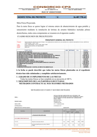 MZA “L” LOTE 13 II ETAPA – URBANIZACION LOPEZ ALBUJAR – SULLANA - PIURA
yesangconstructores@hotmail.com
Movistar: 920135666
CONSORCIO CP3
YESANG CONSTRUCTORES EIRL
RUC N° 20529719931
JDPA E.I.R.L
RUC N° 20601737176
RUC N° 20602703585
CONSTRUCTORA FORTALEZA SAC
RUC N° 20484120928
MONTO TOTAL DEL PROYECTO S/. 36,487,798.62
Meta Física Proyectada.
Para la meta física se quiere lograr el sistema entero de abastecimiento de agua potable y
saneamiento mediante la instalación de letrinas de arrastre hidráulico incluidas piletas
domiciliarias, todos estos componentes se resumen en el siguiente cuadro:
CUADRO RESUMEN DE PRESUPUESTO
A la fecha se puede describir que todas las metas físicas planteadas en el expediente
técnico han sido culminadas y cumplidas satisfactoriamente.
5.1.GRADO DE CUMPLIMIENTO DE LAS METAS
Todas las metas físicas se han cumplido en su ejecución al 100 %
5.2.DESCRIPCION DE LAS PARTIDAS EJECUTADAS
METRADOS CONTRACTUAL MÁS MAYORES METRADOS
METRADOS EJECUTADOS Y MAYORES METRADOS
OBRA :
INSTALACION DEL SERVICIO DE AGUA POTABLE Y DE
ELIMINACION DE EXCRETAS EN LOS CASERIOS DE LA ZONA
DE SAN MARTIN CP 03 DEL DISTRITO DE TANBOGRANDE -
PIURA - PIURA
PROPIETARIO :
MUNICIPALIDAD
DISTRITAL DE
TAMBOGRANDE
UBICACIÓN : CP 3 - TAMBOGRANDE
CONTRATISTA : CONSORCIO CP3
PRESUPUESTO CONTRATADO S/. 34,819,215.07
PARTIDA DESCRIPCION UND
METRADOS
%
EXPED
INTE
VALORI
ZADO
MAYOR
METRADOS
1. TRABAJOS PRELIMINARES
01.01 OBRAS PROVISIONALES
01.01.01 Alquiler de local para almacen mes 10.00 10.00 0.00 0.00%
01.01.02
cartel para identificacion de la obra (2.40M X
3.60M)
und 1.00 1.00 0.00 0.00%
PRESUPUESTO GENERAL DEL PROYECTO
Proyecto
Lugar Distrito: TAMBOGRANDE, Provincia: PIURA, Region: PIURA
Cliente MUNICIPALIDAD DISTRITAL DE TAMBOGRANDE
Fecha ABRIL 2018
P A R T I D A S UND METRADO C.U. PARCIAL
01 TRABAJOS PRELIMINARES 120 950.07
02 LINEA DE IMPULSION PTAR-.RESERVORIO CP4 EMANUEL 34 407.60
03 OBRAS DE MEJORAMIENTO PARA LOS RESERVORIOS EXISTENTES 109 491.85
04 SISTEMA DE AGUA POTABLE- ABASTECIDO POR RESERVORIO DE CP4 EMANUEL 2 636 908.19
05 SISTEMA DE AGUA POTABLE- ABASTECIDO POR RESERVORIO DE CP3 1 642 782.09
06 SISTEMA DE AGUA POTABLE- ABASTECIDO POR RESERVORIO DE SAN PABLO 2 004 226.25
07 PILETAS PUBLICAS 63 202.79
08 PASES AEREOS CON TUBERIA 35 339.25
09 CONEXIONES DOMICILIARIAS DE AGUA POTABLE 1 000 253.09
10 CONSTRUCCION DE LAVAROPAS INTRADOMICILIARIOS DE CONCRETO 1 936 498.07
11 ELIMINACION DE EXCRETAS 15 264 294.41
12 FLETE 547 687.38
13 CAPACITACION 72 324.00
14 MEDIDAS DE MITIGACION Y CONTROL DE IMPACTOS AMBIENTALES 190 599.64
“INSTALACION DEL SERVICIO DE AGUA POTABLE Y DE ELIMINACION DE EXCRETAS EN LOS CASERIOS DE LA ZONA DE SAN MARTIN CP 03 DEL, DISTRITO DE
TAMBO GRANDE - PIURA - PIURA.”
 
