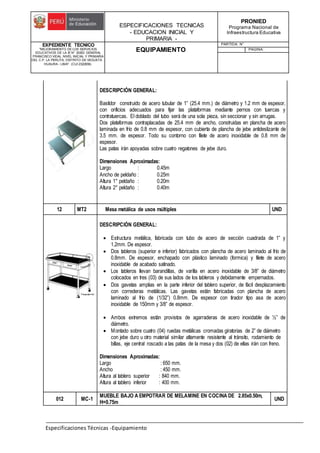 ESPECIFICACIONES TECNICAS
- EDUCACION INICIAL Y
PRIMARIA -
PRONIED
Programa Nacional de
Infraestructura Educativa
EXPEDIENTE TECNICO
"MEJORAMIENTO DE LOS SERVICIOS
EDUCATIVOS DE LA IE N° 20353 GENERAL
FRANCISCO VIDAL NIVEL INICIAL Y PRIMARIA
DEL C.P. LA PERLITA, DISTRITO DE VEGUETA -
HUAURA - LIMA". (CUI 2322839).
EQUIPAMIENTO
PARTIDA: N°
PAGINA:
Especificaciones Técnicas -Equipamiento
DESCRIPCIÓN GENERAL:
Bastidor construido de acero tubular de 1” (25.4 mm.) de diámetro y 1.2 mm de espesor,
con orificios adecuados para fijar las plataformas mediante pernos con tuercas y
contratuercas. El doblado del tubo será de una sola pieza, sin seccionar y sin arrugas.
Dos plataformas contraplacadas de 25.4 mm de ancho, construidas en plancha de acero
laminada en frío de 0.8 mm de espesor, con cubierta de plancha de jebe antideslizante de
3.5 mm. de espesor. Todo su contorno con filete de acero inoxidable de 0.8 mm de
espesor.
Las patas irán apoyadas sobre cuatro regatones de jebe duro.
Dimensiones Aproximadas:
Largo : 0.45m
Ancho de peldaño : 0.25m
Altura 1° peldaño : 0.20m
Altura 2° peldaño : 0.40m
12 MT2 Mesa metálica de usos múltiples UND
DESCRIPCIÓN GENERAL:
 Estructura metálica, fabricada con tubo de acero de sección cuadrada de 1” y
1.2mm. De espesor.
 Dos tableros (superior e inferior) fabricados con plancha de acero laminado al frío de
0.8mm. De espesor, enchapado con plástico laminado (formica) y filete de acero
inoxidable de acabado satinado.
 Los tableros llevan barandillas, de varilla en acero inoxidable de 3/8” de diámetro
colocados en tres (03) de sus lados de los tableros y debidamente empernados.
 Dos gavetas amplias en la parte inferior del tablero superior, de fácil desplazamiento
con correderas metálicas. Las gavetas están fabricadas con plancha de acero
laminado al frío de (1/32”) 0.8mm. De espesor con tirador tipo asa de acero
inoxidable de 150mm y 3/8” de espesor.
 Ambos extremos están provistos de agarraderas de acero inoxidable de ½” de
diámetro.
 Montado sobre cuatro (04) ruedas metálicas cromadas giratorias de 2” de diámetro
con jebe duro u otro material similar altamente resistente al tránsito, rodamiento de
billas, eje central roscado a las patas de la mesa y dos (02) de ellas irán con freno.
Dimensiones Aproximadas:
Largo : 650 mm.
Ancho : 450 mm.
Altura al tablero superior : 840 mm.
Altura al tablero inferior : 400 mm.
012 MC-1
MUEBLE BAJO A EMPOTRAR DE MELAMINE EN COCINA DE 2.85x0.50m,
H=0.75m
UND
 