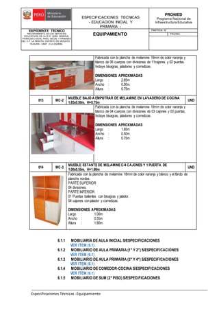 ESPECIFICACIONES TECNICAS
- EDUCACION INICIAL Y
PRIMARIA -
PRONIED
Programa Nacional de
Infraestructura Educativa
EXPEDIENTE TECNICO
"MEJORAMIENTO DE LOS SERVICIOS
EDUCATIVOS DE LA IE N° 20353 GENERAL
FRANCISCO VIDAL NIVEL INICIAL Y PRIMARIA
DEL C.P. LA PERLITA, DISTRITO DE VEGUETA -
HUAURA - LIMA". (CUI 2322839).
EQUIPAMIENTO
PARTIDA: N°
PAGINA:
Especificaciones Técnicas -Equipamiento
Fabricada con la plancha de melamine 18mm de color naranja y
blanco de 06 cuerpos con divisiones de 11cajones y 02 puertas.
Incluye bisagras, jaladores y corredizas.
DIMENSIONES APROXIMADAS
Largo : 2.85m
Ancho : 0.50m
Altura : 0.75m
013 MC-2
MUEBLE BAJO A EMPOTRAR DE MELAMINE EN LAVADERO DE COCINA
1.85x0.50m, H=0.75m
UND
Fabricada con la plancha de melamine 18mm de color naranja y
blanco de 04 cuerpos con divisiones de 03 cajones y 03 puertas.
Incluye bisagras, jaladores y corredizas.
DIMENSIONES APROXIMADAS
Largo : 1.85m
Ancho : 0.50m
Altura : 0.75m
014 MC-3
MUEBLE ESTANTE DE MELAMINE C/4 CAJONES Y 1 PUERTA DE
1.00x0.55m, H=1.80m
UND
Fabricada con la plancha de melamine 18mm de color naranja y blanco y el fondo de
plancha nordex.
PARTE SUPERIOR
04 divisiones
PARTE INFERIOR
01 Puertas batientes con bisagras y jalador.
04 cajones con jalador y corredizas.
DIMENSIONES APROXIMADAS
Largo : 1.00m
Ancho : 0.55m
Altura : 1.80m
6.1.1 MOBILIARIA DE AULA INICIAL S/ESPECIFICACIONES
VER ITEM (6.1)
6.1.2 MOBILIARIO DE AULA PRIMARIA (1° Y 2°) S/ESPECIFICACIONES
VER ITEM (6.1)
6.1.3 MOBILIARIO DE AULA PRIMARIA (3° Y 4°) S/ESPECIFICACIONES
VER ITEM (6.1)
6.1.4 MOBILIARIO DE COMEDOR-COCINA S/ESPECIFICACIONES
VER ITEM (6.1)
6.1.5 MOBILIARIO DE SUM (2° PISO) S/ESPECIFICACIONES
 