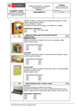 ESPECIFICACIONES TECNICAS
- EDUCACION INICIAL Y
PRIMARIA -
PRONIED
Programa Nacional de
Infraestructura Educativa
EXPEDIENTE TECNICO
"MEJORAMIENTO DE LOS SERVICIOS
EDUCATIVOS DE LA IE N° 20353 GENERAL
FRANCISCO VIDAL NIVEL INICIAL Y PRIMARIA
DEL C.P. LA PERLITA, DISTRITO DE VEGUETA -
HUAURA - LIMA". (CUI 2322839).
EQUIPAMIENTO
PARTIDA: N°
PAGINA:
Especificaciones Técnicas -Equipamiento
Fabricada con tableros de madera de 12mm de espesor lijada y pintada con material
antitóxico y figuras alusivas a la infancia.
La hoja central tendrá una abertura
Compuesto de 03 hojas unidas con bisagras, con la finalidad de ser plegable
DIMENSIONES APROXIMADAS
Largo : 0.5m + 1.0m + 0.50m =2.00m
Altura : 1.50m
10 M9
MUEBLE DE COCINA,CAMA Y ESTANTE BABY P/SECTOR
DRAMATIZACION
UND
MUEBLE DE COCINA
Fabricada con la plancha de melamine 18mm de color y madera lijada y pintada.
El fondo de plancha nordex.
DIMENSIONES APROXIMADAS
Largo : 0.45m
Ancho : 0.45m
Altura : 0.60m
CAMA BABY
Fabricada con madera lijada y pintada, con cabecera y baranda de protección. Incluye
colchón de espuma con sabanas
DIMENSIONES APROXIMADAS
Largo : 1.20m
Ancho : 0.60m
Altura : 0.30m
ESTANTE BABY
Fabricada con la plancha de melamine 18mm de color madera, con 02 puertas batientes
de melamine de 18mm de color
El fondo de plancha nordex.
DIMENSIONES APROXIMADAS
Largo : 0.50m
Ancho : 0.35m
Altura : 0.80m
11 M10 MUEBLE REBATIBLE BABY,1.20x0.60m H=0.80m UND
ESPALDAR
Fabricada con la plancha de melamine 18mm de color
MUEBLE DE 02 ASIENTOS de 0.4m de ancho Y MUEBLE CAMA de 0.6m de ancho
Refuerzo, bisagras de brazo y soporte patas metálicos pintados. Incluye espuma y forro.
DIMENSIONES APROXIMADAS
Largo : 1.20m
Ancho : 0.60m
Altura : 0.80m
 