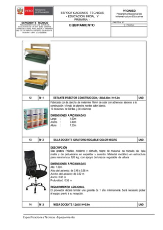 ESPECIFICACIONES TECNICAS
- EDUCACION INICIAL Y
PRIMARIA -
PRONIED
Programa Nacional de
Infraestructura Educativa
EXPEDIENTE TECNICO
"MEJORAMIENTO DE LOS SERVICIOS
EDUCATIVOS DE LA IE N° 20353 GENERAL
FRANCISCO VIDAL NIVEL INICIAL Y PRIMARIA
DEL C.P. LA PERLITA, DISTRITO DE VEGUETA -
HUAURA - LIMA". (CUI 2322839).
EQUIPAMIENTO
PARTIDA: N°
PAGINA:
Especificaciones Técnicas -Equipamiento
12 M11 ESTANTE P/SECTOR CONSTRUCCION,1.60x0.40m H=1.2m UND
Fabricada con la plancha de melamine 18mm de color con adhesivos alusivos a la
construcción y fondo de plancha nordex color blanco.
12 divisiones de 03 filas y 04 columnas
DIMENSIONES APROXIMADAS
Largo : 1.60m
Ancho : 0.40m
Altura : 1.20m
13 M12 SILLA DOCENTE GIRATORIO RODABLE COLOR NEGRO UND
DESCRIPCIÓN
Silla giratoria Práctico, moderno y cómodo, negro; de material de forrado de Tela
malla y de poliuretano en espaldar y asiento. Material metálico en estructura
para resistencia 120 kg, con apoyo de brazos regulable de altura
DIMENSIONES APROXIMADAS
Alto: 1.22m
Alto del asiento: de 0.48 x 0.58 m
Ancho del asiento: de 0.52 m
Ancho: 0.60 m
Profundidad: 0.55 m
REQUERIMIENTO ADICIONAL
El proveedor deberá brindar una garantía de 1 año mínimamente. Será necesario probar
el equipo previo a su recepción.
14 M13 MESA DOCENTE 1.2x0.6 H=0.8m UND
 