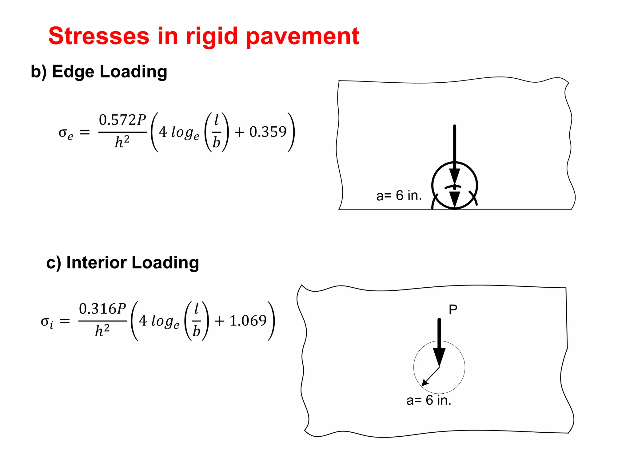 Stresses in rigid pavement
c) Interior Loading
a= 6 in.
P
b) Edge Loading
a= 6 in.
σ𝑖 =
0.316𝑃
ℎ2
4 𝑙𝑜𝑔𝑒
𝑙
𝑏
+ 1.069
σ𝑒 =
0.572𝑃
ℎ2
4 𝑙𝑜𝑔𝑒
𝑙
𝑏
+ 0.359
 