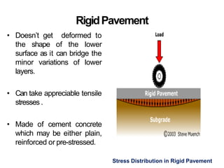 RigidPavement
• Doesn’t get deformed to
the shape of the lower
surface as it can bridge the
minor variations of lower
layers.
• Can take appreciable tensile
stresses .
• Made of cement concrete
which may be either plain,
reinforced or pre-stressed.
Stress Distribution in Rigid Pavement
 