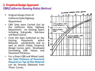3. EmpiricalDesign Approach
CBR(California Bearing Ratio) Method
 Original Design Chart of
California StateHighway
Department
• CBR Tests were Carried Out by
the California State Highway
Department on Existing layers
Including Sub-grade, Sub-base
and Base Course.
• From the Data Collected on the
Existing Pavements which
Behaved satisfactorily and as
well as which Failed, Empirical
Design Curves were Developed
Correlating CBR Values and
PavementThickness.
• For a Given CBR and Wheel Load,
the Total Thickness of Pavement
Required on Top of that Material
can be Directly Obtained from
These Curves.
 