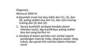 Diagnosis:
Menurut DSM IV:
A.Sejumlah enam hal atau lebih dari (1), (2), dan
(3), paling sedikit dua dari (1), dan satu masing-
masing dari (2) dan (3):
1. Secara kualitatif, terdapat kendala dalam
interaksi sosial, sbg manifestasi paling sedikit
dua dari yang berikut ini:
a. Kendala di dalam perilaku non-verbal seperti
pandangan mata ke mata, ekspresi wajah, sikap
tubuh, dan gerak thd rutinitas dalam interaksi
sosial
 
