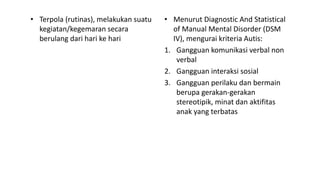 • Terpola (rutinas), melakukan suatu
kegiatan/kegemaran secara
berulang dari hari ke hari
• Menurut Diagnostic And Statistical
of Manual Mental Disorder (DSM
IV), mengurai kriteria Autis:
1. Gangguan komunikasi verbal non
verbal
2. Gangguan interaksi sosial
3. Gangguan perilaku dan bermain
berupa gerakan-gerakan
stereotipik, minat dan aktifitas
anak yang terbatas
 