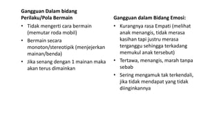 Gangguan Dalam bidang
Perilaku/Pola Bermain
• Tidak mengerti cara bermain
(memutar roda mobil)
• Bermain secara
monoton/stereotipik (menjejerkan
mainan/benda)
• Jika senang dengan 1 mainan maka
akan terus dimainkan
Gangguan dalam Bidang Emosi:
• Kurangnya rasa Empati (melihat
anak menangis, tidak merasa
kasihan tapi justru merasa
terganggu sehingga terkadang
memukul anak tersebut)
• Tertawa, menangis, marah tanpa
sebab
• Sering mengamuk tak terkendali,
jika tidak mendapat yang tidak
diinginkannya
 