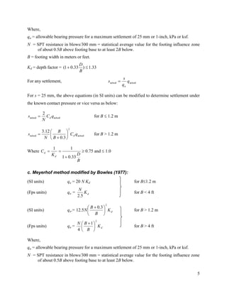 5
Where,
qa = allowable bearing pressure for a maximum settlement of 25 mm or 1-inch, kPa or ksf.
N = SPT resistance in blows/300 mm = statistical average value for the footing influence zone
of about 0.5B above footing base to at least 2B below.
B = footing width in meters or feet.
Kd = depth factor = 33
.
1
)
33
.
0
1
( 

B
D
For any settlement, actual
a
actual q
q
s
s 
For s = 25 mm, the above equations (in SI units) can be modified to determine settlement under
the known contact pressure or vice versa as below:
actual
actual
2
q
C
N
s d
 for B  1.2 m
actual
2
actual
3
.
0
12
.
3
q
C
B
B
N
s d







 for B > 1.2 m
Where
B
D
K
C
d
d
33
.
0
1
1
1


  0.75 and  1.0
c. Meyerhof method modified by Bowles (1977):
(SI units) qa = 20 N Kd for B1.2 m
(Fps units) qa = d
K
N
5
.
2
for B < 4 ft
(SI units) qa.= d
K
B
B
N
2
3
.
0
5
.
12 




 
for B > 1.2 m
(Fps units) qa = d
K
B
B
N
2
1
4





 
for B > 4 ft
Where,
qa = allowable bearing pressure for a maximum settlement of 25 mm or 1-inch, kPa or ksf.
N = SPT resistance in blows/300 mm = statistical average value for the footing influence zone
of about 0.5B above footing base to at least 2B below.
 