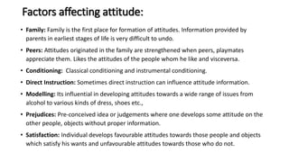 Factors affecting attitude:
• Family: Family is the first place for formation of attitudes. Information provided by
parents in earliest stages of life is very difficult to undo.
• Peers: Attitudes originated in the family are strengthened when peers, playmates
appreciate them. Likes the attitudes of the people whom he like and visceversa.
• Conditioning: Classical conditioning and instrumental conditioning.
• Direct Instruction: Sometimes direct instruction can influence attitude information.
• Modelling: Its influential in developing attitudes towards a wide range of issues from
alcohol to various kinds of dress, shoes etc.,
• Prejudices: Pre-conceived idea or judgements where one develops some attitude on the
other people, objects without proper information.
• Satisfaction: Individual develops favourable attitudes towards those people and objects
which satisfy his wants and unfavourable attitudes towards those who do not.
 