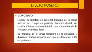 EFECTO POSEIRO
 CONCEPTO
Cuadro de hipotensión regional materno de la mitad
inferior del cuerpo en posición decúbito dorsal, sin
cuadro clínico materno inicial, con alteración de la
frecuencia cardiaca fetal.
Se presenta en el tercer trimestre de la gestación y
durante el trabajo de parto, con una incidencia del 20%
en gestantes.
6
 