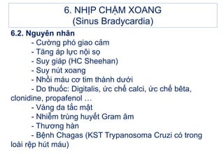 6.2. Nguyên nhân
- Cường phó giao cảm
- Tăng áp lực nội sọ
- Suy giáp (HC Sheehan)
- Suy nút xoang
- Nhồi máu cơ tim thành dưới
- Do thuốc: Digitalis, ức chế calci, ức chế bêta,
clonidine, propafenol …
- Vàng da tắc mật
- Nhiễm trùng huyết Gram âm
- Thương hàn
- Bệnh Chagas (KST Trypanosoma Cruzi có trong
loài rệp hút máu)
6. NHỊP CHẬM XOANG
(Sinus Bradycardia)
 
