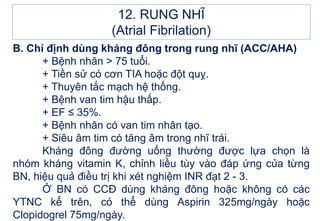 B. Chỉ định dùng kháng đông trong rung nhĩ (ACC/AHA)
+ Bệnh nhân > 75 tuổi.
+ Tiền sử có cơn TIA hoặc đột quỵ.
+ Thuyên tắc mạch hệ thống.
+ Bệnh van tim hậu thấp.
+ EF ≤ 35%.
+ Bệnh nhân có van tim nhân tạo.
+ Siêu âm tim có tăng âm trong nhĩ trái.
Kháng đông đường uống thường được lựa chọn là
nhóm kháng vitamin K, chỉnh liều tùy vào đáp ứng của từng
BN, hiệu quả điều trị khi xét nghiệm INR đạt 2 - 3.
Ở BN có CCĐ dùng kháng đông hoặc không có các
YTNC kể trên, có thể dùng Aspirin 325mg/ngày hoặc
Clopidogrel 75mg/ngày.
12. RUNG NHĨ
(Atrial Fibrilation)
 