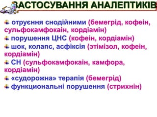 отруєння снодійними (бемегрід, кофеін,
сульфокамфокаін, кордіамін)
порушення ЦНС (кофеін, кордіамін)
шок, колапс, асфіксія (этімізол, кофеін,
кордіамін)
СН (сульфокамфокаін, камфора,
кордіамін)
«судорожна» терапія (бемегрід)
функциональні порушення (стрихнін)
ЗАСТОСУВАННЯ АНАЛЕПТИКІВ
 
