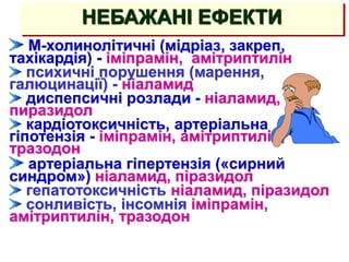 М-холинолітичні (мідріаз, закреп,
тахікардія) - іміпрамін, амітриптилін
психичні порушення (марення,
галюцинації) - ніаламид
диспепсичні розлади - ніаламид,
пиразидол
кардіотоксичність, артеріальна
гіпотензія - іміпрамін, амітриптилін,
тразодон
артеріальна гіпертензія («сирний
синдром») ніаламид, піразидол
гепатотоксичність ніаламид, піразидол
сонливість, інсомнія іміпрамін,
амітриптилін, тразодон
НЕБАЖАНІ ЕФЕКТИ
 