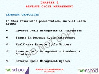 CHAPTER 6
REVENUE CYCLE MANAGEMENT
LEARNING OBJECTIVES
In this PowerPoint presentation, we will learn
about:
 Revenue Cycle Management in Healthcare
 Stages in Revenue Cycle Management
 Healthcare Revenue Cycle Process
 Revenue Cycle Management – Problems &
Solutions
 Revenue Cycle Management System
1
REVENUE CYCLE MANAGEMENT IN
HEALTHCARE
 