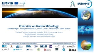 This project 19ENV01 traceRadon has received funding from the EMPIR programme co-financed by the Participating States and from the European Union's Horizon 2020 research and
innovation programme.
19ENV01 traceRadon denotes the EMPIR project reference.
EMPIR 19ENV01 traceRadon
Overview on Radon Metrology
Annette Röttger1, Katarzyna Wołoszczuk2, Claudia Grossi3, Arturo Vargas3, Stefan Röttger1
1Physikalisch-Technische Bundesanstalt, Bundesallee 100, 38116 Braunschweig, Germany,
2Central Laboratory for Radiological Protection, Poland,
3Universitat Politècnica de Catalunya (UPC), Barcelona, Spain
A. Röttger, Coordinator of 19ENV01 traceRadon ICOS Science Conference 2022
 