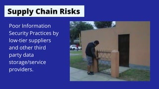 Supply Chain Risks
Poor Information
Security Practices by
low-tier suppliers
and other third
party data
storage/service
providers.
 