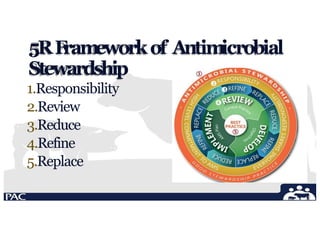 5RF
rameworkof Antimicrobial
Stewardship
1.Responsibility
2.Review
3.Reduce
4.Refine
5.Replace
 