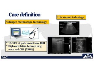 Casedefinition
• 10-30% of pulls do not have BRD
• High correlation between lung
score and CFR. (79.8%)
Whisper Stethoscope technology
Ultrasound technology
 