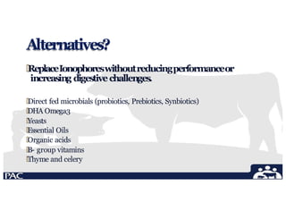Alternatives?
🞄ReplaceIonophoreswithoutreducingperformanceor
increasing digestivechallenges.
🞄Direct fed microbials (probiotics, Prebiotics, Synbiotics)
🞄DHA Omega3
🞄Yeasts
🞄Essential Oils
🞄Organic acids
🞄B- group vitamins
🞄Thyme and celery
 