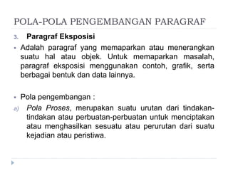 POLA-POLA PENGEMBANGAN PARAGRAF
3. Paragraf Eksposisi
 Adalah paragraf yang memaparkan atau menerangkan
suatu hal atau objek. Untuk memaparkan masalah,
paragraf eksposisi menggunakan contoh, grafik, serta
berbagai bentuk dan data lainnya.
 Pola pengembangan :
a) Pola Proses, merupakan suatu urutan dari tindakan-
tindakan atau perbuatan-perbuatan untuk menciptakan
atau menghasilkan sesuatu atau perurutan dari suatu
kejadian atau peristiwa.
 