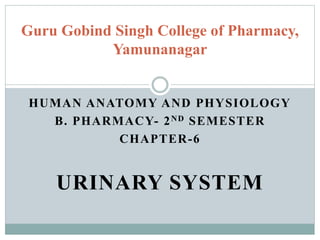 HUMAN ANATOMY AND PHYSIOLOGY
B. PHARMACY- 2ND SEMESTER
CHAPTER-6
URINARY SYSTEM
Guru Gobind Singh College of Pharmacy,
Yamunanagar
 